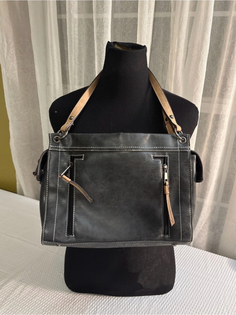 Women's Black Leather Messenger Bag with Tan Handles